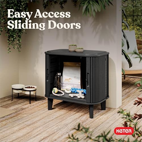 Keter Velo 30 Gallon Outdoor Storage Cabinet, Weather-Resistant Resin Deck Box with Steel Reinforcement, Lockable, Wood-Look Finish, Graphite