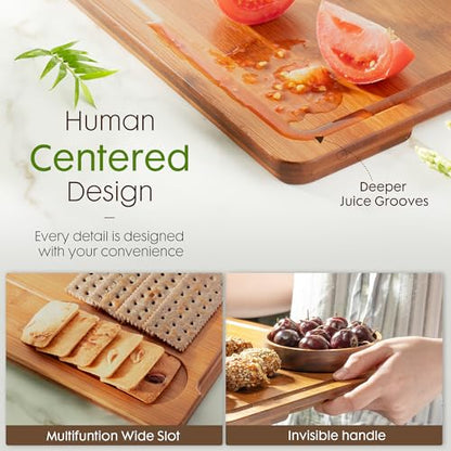 Astercook Deep-Carbonized Bamboo Cutting Boards for Kitchen with Wood Storage Stand, Reversible Charcuterie & Chopping Boards with Juice Grooves and Easy-Grip Handles, Mothers Day Gifts