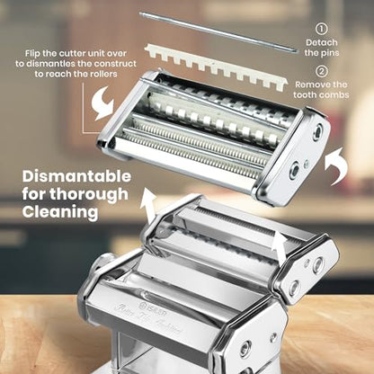 3-in-1 Pasta Maker, 9 Thickness Settings, Dough Rollers & 2 Size Cutters