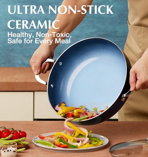 KOCH SYSTEME CS 12-Inch Saute Pan, 5.5-Quart Deep Frying Pan, Toxin-Free Ceramic Nonstick Saute Pan with Lid – Large Scratch-Resistant Deep Fry Pan, Oven Safe, Induction Compatible, Gradient Blue