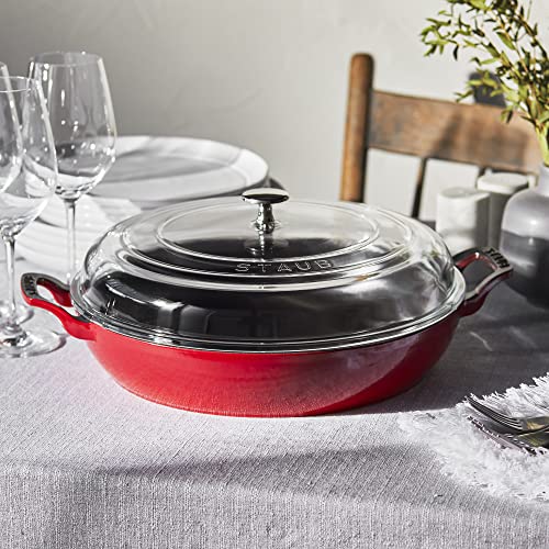 Staub Cast Iron Braiser with Glass Lid, Dutch Oven, 3.5-quart, serves 3-4, Made in France, Cherry