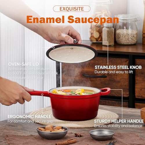 Homikit 1 Quart Saucepan with Lid, Small Enameled Cast Iron Sauce Pan, Enamel Cast Iron Cooking Pot Mini Dutch Oven Kitchen Cookware for Making Pasta, Boiling Soup, Warming Milk, Red