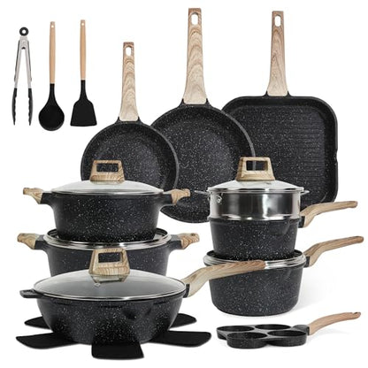 Cuisinluv 23Pcs Pots and Pans Set Non Stick, Kitchen Cookware Sets, Granite Induction Cookware Non Stick Cooking Set w/Frying Pans, Saucepans, Griddle, EggPan (Black)