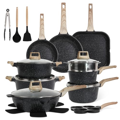 Cuisinluv 23Pcs Pots and Pans Set Non Stick, Kitchen Cookware Sets, Granite Induction Cookware Non Stick Cooking Set w/Frying Pans, Saucepans, Griddle, EggPan (Black)