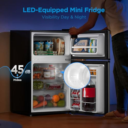 Midea WHD-113FSS1 Double Door Mini Fridge with Freezer for Bedroom Office or Dorm with Adjustable Remove Glass Shelves Compact Refrigerator, 3.1 cu ft, Stainless Steel