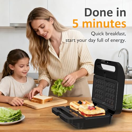 3 in 1 Electric Sandwich Maker with Removable Nonstick Plates - 1000W,Black