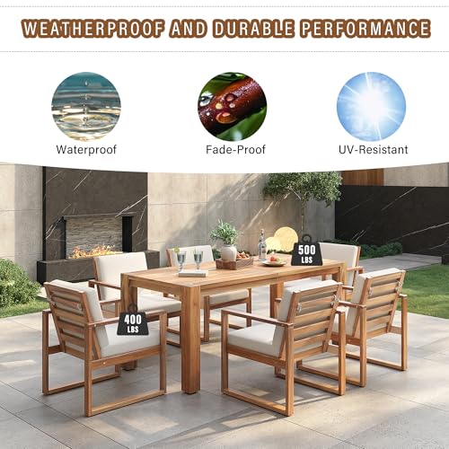 Hlcodca 7 Piece Patio Dining Table Set with Umbrella Hole, Outdoor Acacia Wood Furniture Set with Removable Cushion for Garden, Backyard, Lawn, Poolside (Beige,Light Teak)