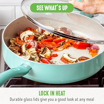 GreenLife Soft Grip Diamond Healthy Ceramic Nonstick, 5QT Saute Pan Jumbo Cooker with Helper Handle and Lid, PFAS-Free, Dishwasher Safe, Turquoise