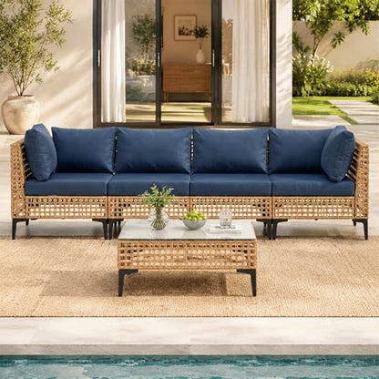 WiNVO 5-Piece Outdoor Wicker Patio Sectional Furniture Set, Dark Blue