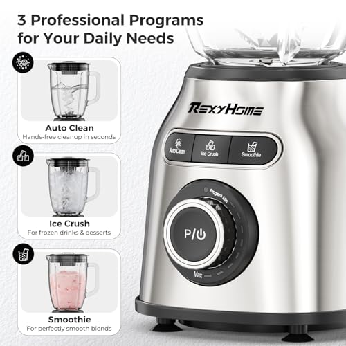 REXYHOME Blender with 3 Programs, 1000W Heavy-Duty Countertop Blenders for Kitchen, 59 Oz Glass Jar, Auto Clean 8-Speeds & Pulse Function Blender for Smoothies, Shakes, Ice Crushing & Frozen Fruit