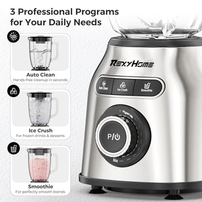 REXYHOME Blender with 3 Programs, 1000W Heavy-Duty Countertop Blenders for Kitchen, 59 Oz Glass Jar, Auto Clean 8-Speeds & Pulse Function Blender for Smoothies, Shakes, Ice Crushing & Frozen Fruit