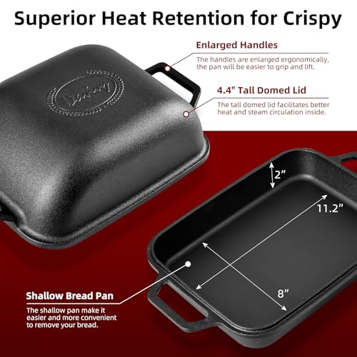 Davivy 9QT Large Cast Iron Bread Loaf Pan with Lid, Pre-Seasoned Dutch Oven for Sourdough Bread Baking, Non-stick Cast Iron Sourdough Baking Pan with Lid