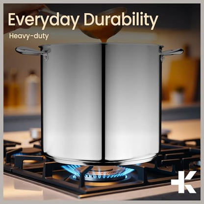 Stainless Steel Stockpot with Tempered Glass Lid 24 Quart, Durable 18/0 Stainless Steel, Impact-Bonded Base for Even Heating, Riveted Handles, Oven & All Stove Compatible, Safe Up To 500°F (260°C)