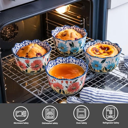 KXZ Ceramic Ramekins Set of 4 – 13.5 oz Oven Safe Small Bowls for Baking and Serving, Porcelain Souffle Cups Dessert Bowls for Creme Brulee, Custard, Dips & Snacks – Hand-Painted Floral Ramekin Set
