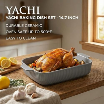Yachi Ceramic Casserole Dishes for Oven Set of 3 Pcs Rectangular Bakeware Set with Handle for Steak Beef Baking Pan Roast Chicken spaghetti Lasagna Pan vegetables Microwave Oven and Dishwasher Safe Gray (14.8''/12.7''/9.8'')