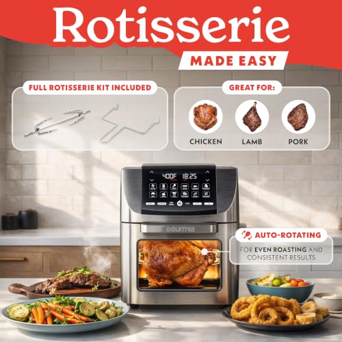 Gourmia Air Fryer - 14 Qt All-in-One Rotisserie Oven with Digital Display, 12 Presets, Roast, Bake, Broil, Dehydrate, Dishwasher Safe Accessories, Stainless Steel