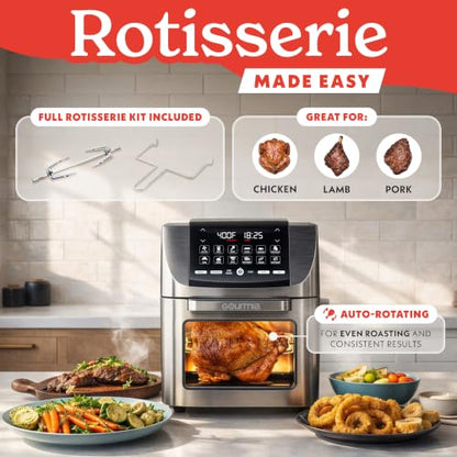 Gourmia Air Fryer - 14 Qt All-in-One Rotisserie Oven with Digital Display, 12 Presets, Roast, Bake, Broil, Dehydrate, Dishwasher Safe Accessories, Stainless Steel