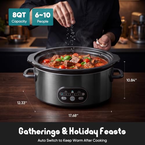 OLIXIS Slow Cooker 8 Quart, Ceramic Nonstick Coating, Programmable Slow Cooker with Dishwasher Stoneware Pot and Tempered Glass Lid, Multi Cookers with 3 Temperature, 35in Tangle Free Cord, Black