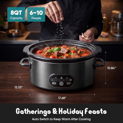 OLIXIS Slow Cooker 8 Quart, Ceramic Nonstick Coating, Programmable Slow Cooker with Dishwasher Stoneware Pot and Tempered Glass Lid, Multi Cookers with 3 Temperature, 35in Tangle Free Cord, Black