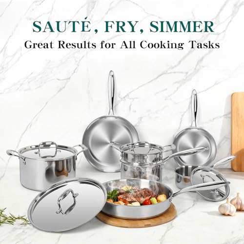 EWFEN Pots and Pans Set, 3 Ply 11 Piece Stainless Steel Cookware Set, Oven Dishwasher Safe | Induction Compatible Frying Pans, Saucepans, Saute Pan & Stock Pot, PFOA Free Kitchen Skillet