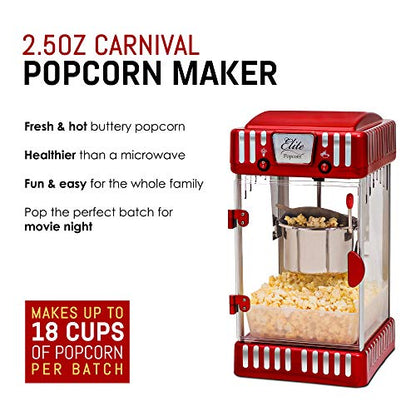 Elite Gourmet EPM-250X Maxi-Matic 2.5 Ounce Classic Carnival, Tabletop Kettle Popcorn Popper Machine, Retro-Style, Movie Hot Buttered Popcorn, Red