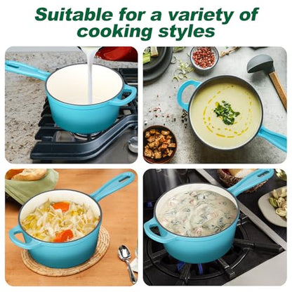 HaSteeL 1 QT Cast Iron Saucepan, Mini Enamel dutch oven with lid, Small Non Stick Pan for Milk, Pasta Tomato Sauce, Butter, Breakfast, Soup, Suitable for Boiling Stewing Frying, Easy to Clean, Green