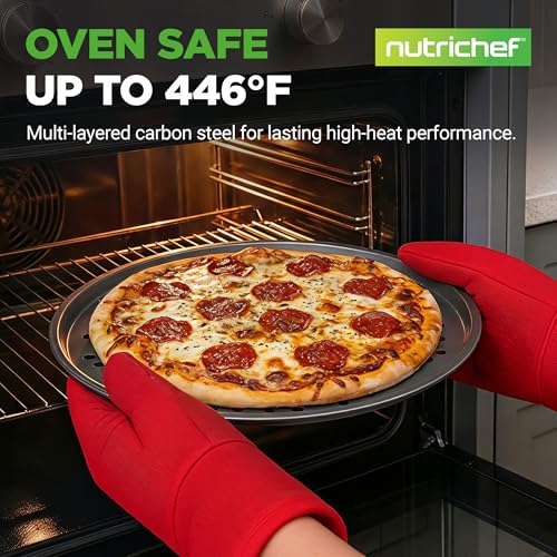 NutriChef 12.8 Inch Nonstick Pizza Pan for Oven - Carbon Steel Pizza Baking Tray with Airflow Holes - Premium Bakeware for Fresh & Frozen Pizza, Dishwasher Safe - Gray