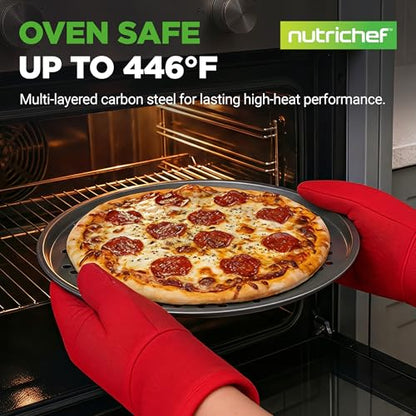 NutriChef 12.8 Inch Nonstick Pizza Pan for Oven - Carbon Steel Pizza Baking Tray with Airflow Holes - Premium Bakeware for Fresh & Frozen Pizza, Dishwasher Safe - Gray