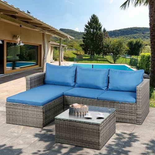 Shintenchi Outdoor Sectional Patio Furniture Set 4-Piece, All-Weather PE Rattan Sofa Couch with Cushions & Storage Coffee Table for Yard, Garden, Porch, Poolside
