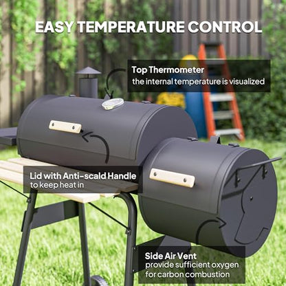 Outsunny Charcoal Grill with Offset Smoker, 231 Sq.In. Cooking Area, Barrel BBQ Grill and Smoker Combo with Side Tables, Shelf, Thermometer, Wheels for Outdoor Patio Backyard Party Event Gathering