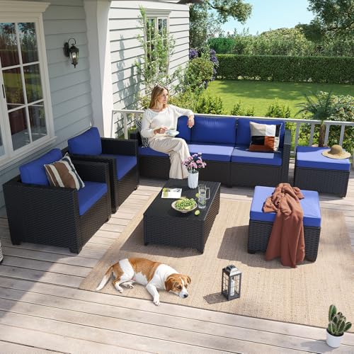 Aoxun 8 Piece Outdoor Patio Furniture Set 7 Seats, Outdoor Sectional with Thick Waterproof Cushions, Patio Conversation Sets for Garden,Backyard, Porch, Balcony, Deck, Black & Blue