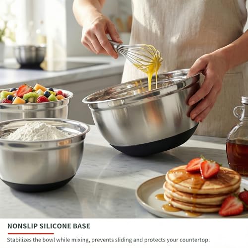 Koocovel 3-Piece Metal Mixing Bowls Set – 2.3/2.9/4.75 Qt Stainless Steel Prep Bowls with Non-Slip Silicone Base, Nesting Design & Dishwasher Safe for Baking, Meal Prep, Salad Serving & Food Storage