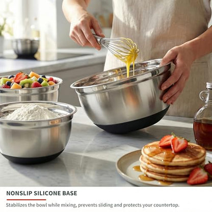 Koocovel 3-Piece Metal Mixing Bowls Set – 2.3/2.9/4.75 Qt Stainless Steel Prep Bowls with Non-Slip Silicone Base, Nesting Design & Dishwasher Safe for Baking, Meal Prep, Salad Serving & Food Storage