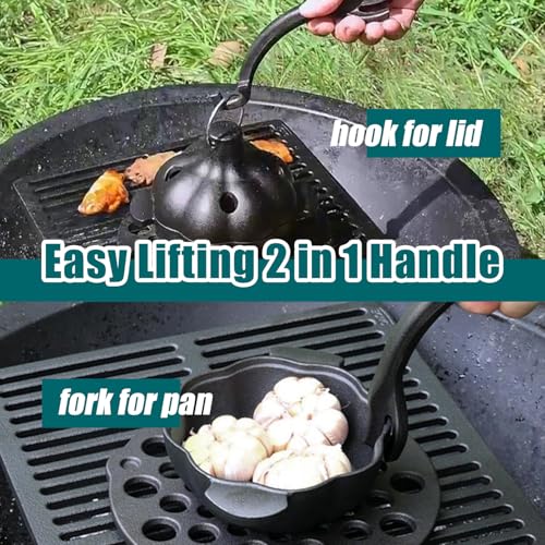 IPROUDER Cast Iron Garlic Roaster with Handle, Smoker Roaster, Garlic Cooker, Garlic Baker, Garlic Roasting Pot, Potato Baker, Mini Cocotte, Used in the Kitchen Oven or Outdoors on a BBQ Grill Stove
