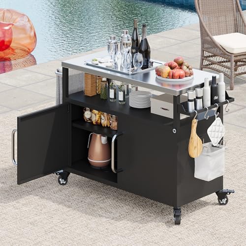 LUMISOL Outdoor Grill Table with Stainless Steel Tabletop, 54.5" Outdoor Kitchen Island with Storage Cabinet, Rolling Bar Cart Sink Station with 4 Lockable Wheels for Pizza Prep, Black