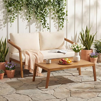 2-Piece Outdoor Loveseat & Coffee Table Set, Acacia Wood Patio Furniture with PE Wicker Backrest, High-Resilience Cushions, 800 lbs Capacity, for Patio Backyard Sunroom Poolside
