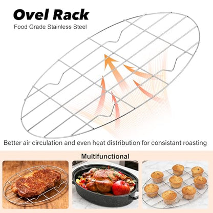 15” Roaster Pan with Lid and Rack, Small Enamel Roaster Pan with Oval Roasting Rack, Granite Baking Pot for Chicken Turkey Lamb, Heat Resistant, Oven/Dishwasher/All Stovestops Compatible