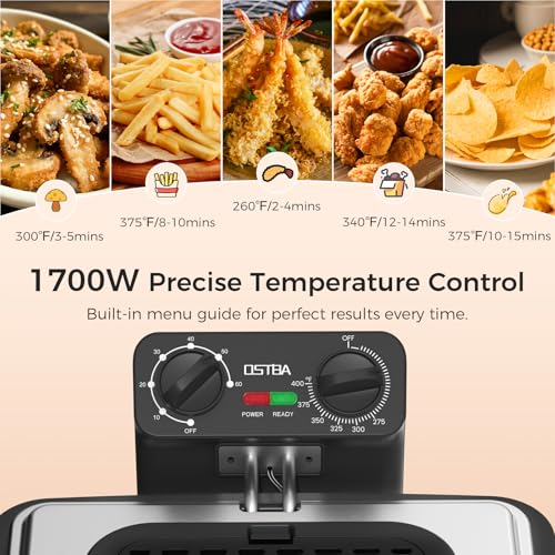 OSTBA Electric Deep Fryer with 3 Baskets, 1700W Stainless Steel Oil Fryer, 4.75QT Countertop Fryer with Adjustable Temperature, Viewing Window, Odor Filter & Removable Oil Container