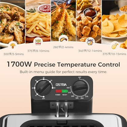 OSTBA Electric Deep Fryer with 3 Baskets, 1700W Stainless Steel Oil Fryer, 4.75QT Countertop Fryer with Adjustable Temperature, Viewing Window, Odor Filter & Removable Oil Container
