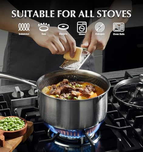KOCH SYSTEME CS Hybrid Nonstick Stainless Steel Saucepan, 2 Quart Tri-Ply Stainless Steel Sauce Pan with Nonstick Honeycomb Interior, Hybrid Sauce Pan with Lid, Small Steel Pot, Induction Compatible