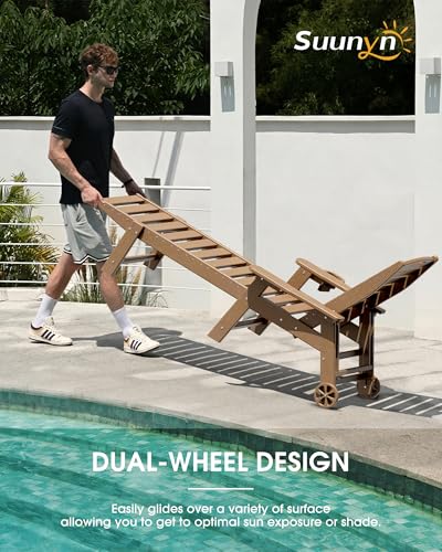 SUUNYN Chaise Lounge Outdoor, Lounge Chair Outdoor with Wood Texture, Adjustable 5-Position Backrest, HDPE Lounge Chair with Wheels & Cup Holder for Pool Deck Backyard, Teak