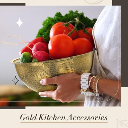 Baderke 6 Pcs Gold Kitchen Accessories Set Includes 3 Gold Mixing Bowls with Airtight Lids Stainless Steel Colander Grater Slicer and Fine Mesh Strainer(Mixing Bowls: 2.8/3.7/5 Qt, Colander: 4 Qt)