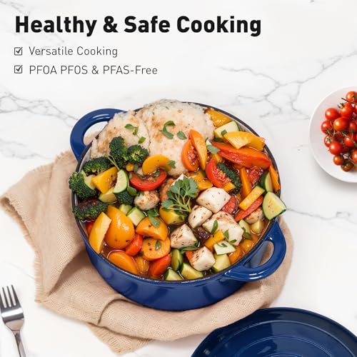 MAISON ARTS 7 Piece Enameled Cast Iron Cookware Set, Induction Dutch Oven Pot with Lid, Blue Non Toxic Pots and Pans set, PFOA-PFOS Free