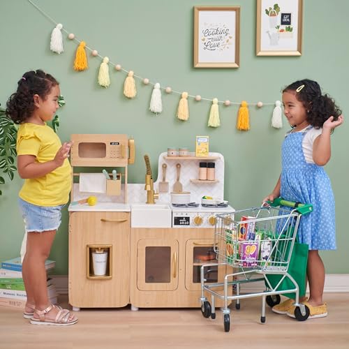 Teamson Kids Little Chef Cyprus Medium Wooden Play Kitchen with Interactive, Realistic Features, and 14 Kitchen Accessories for 3yrs and up, Light Oak/Faux White Marble/Gold