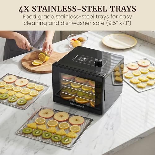 Elite Gourmet Food Dehydrator, Stainless Steel Trays Food Dehydrator, Adjustable Temperature Controls, Jerky Herbs Fruit Veggies Snacks