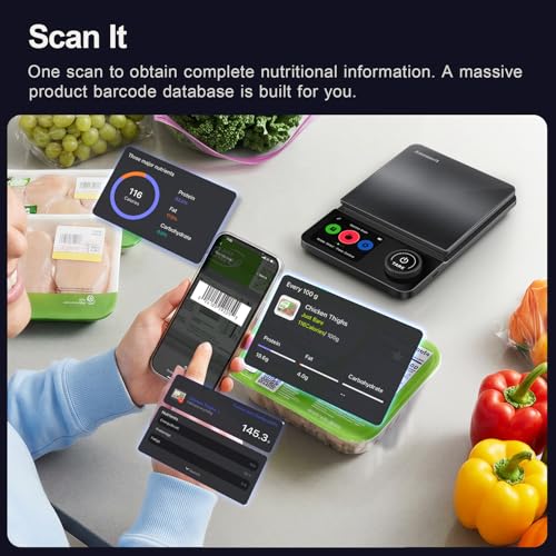 Amzmerit Smart Food Kitchen Scale with Nutritional Calculator, Timer, 0.1g High Precision Kitchen Scale, Free App with 27 Nutrients Tracking, Digital Grams and Ounces for Weight Loss,11lbs/5kg (Black)