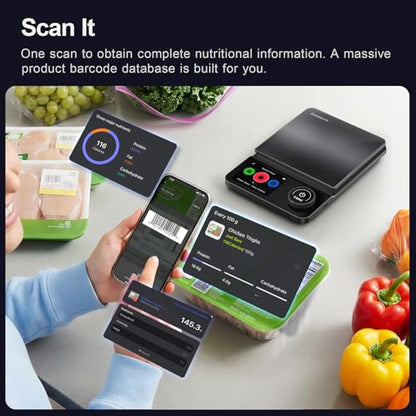 Amzmerit Smart Food Kitchen Scale with Nutritional Calculator, Timer, 0.1g High Precision Kitchen Scale, Free App with 27 Nutrients Tracking, Digital Grams and Ounces for Weight Loss,11lbs/5kg (Black)