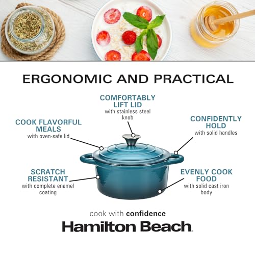 Hamilton Beach 3-Quart Enameled Cast Iron Dutch Oven, Navy with Cream Interior | Even Heat Distribution & Easy-Grip Handles | Ideal for Braising, Roasting,Stewing & Bread Baking