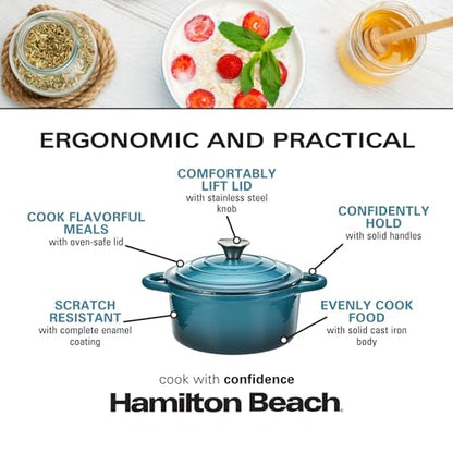 Hamilton Beach 3-Quart Enameled Cast Iron Dutch Oven, Navy with Cream Interior | Even Heat Distribution & Easy-Grip Handles | Ideal for Braising, Roasting,Stewing & Bread Baking