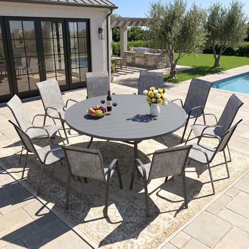 DIFY 11 Piece Outdoor Dining Set, Metal Table & Textilene Chairs, Grey
